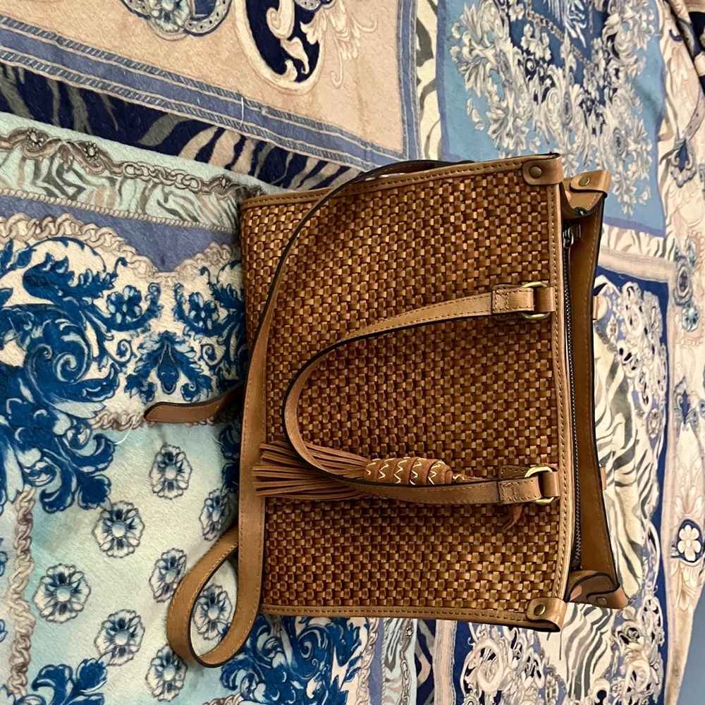 NEVER USED Patricia Nash Tan Woven Leather Crossbody Bag. Very roomy and chic.